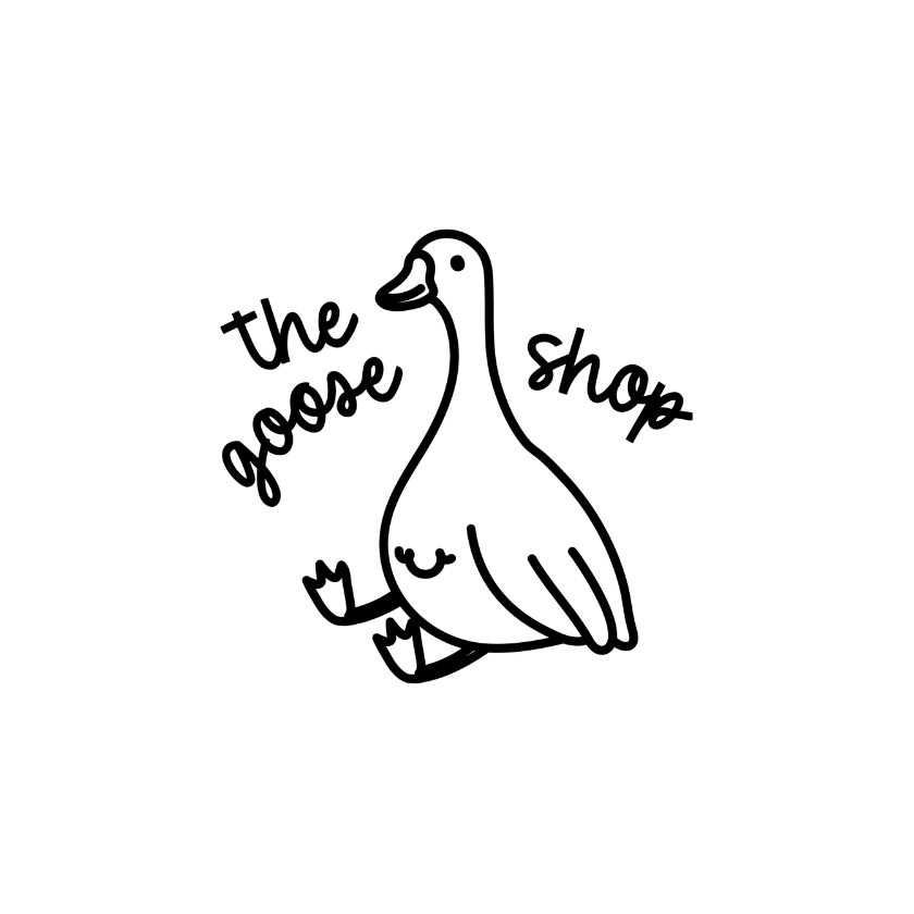 A minimalist black line art illustration of a goose with the words 'the goose shop' written in a handwritten font on a solid white background.