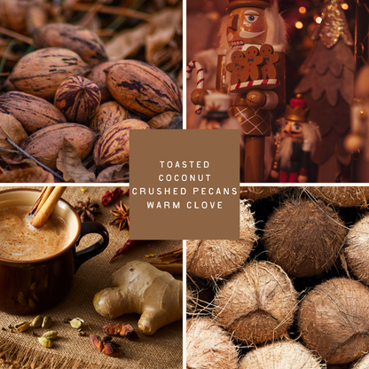 Collage of roasted coconut, crushed pecans, warm clove, and a nutcracker figure with a Christmas theme.