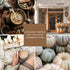 A cozy autumn moodboard featuring muted heirloom pumpkins, a woman relaxing with a chai latte and book in a knitted sweater, the warm storefront of a café decorated with pumpkins and dried grasses, and a rustic wooden table with steaming chai tea topped with spices. The imagery evokes the comforting fall fragrance of Pumpkin Chai, blending spiced warmth, cozy textures, and seasonal coastal charm